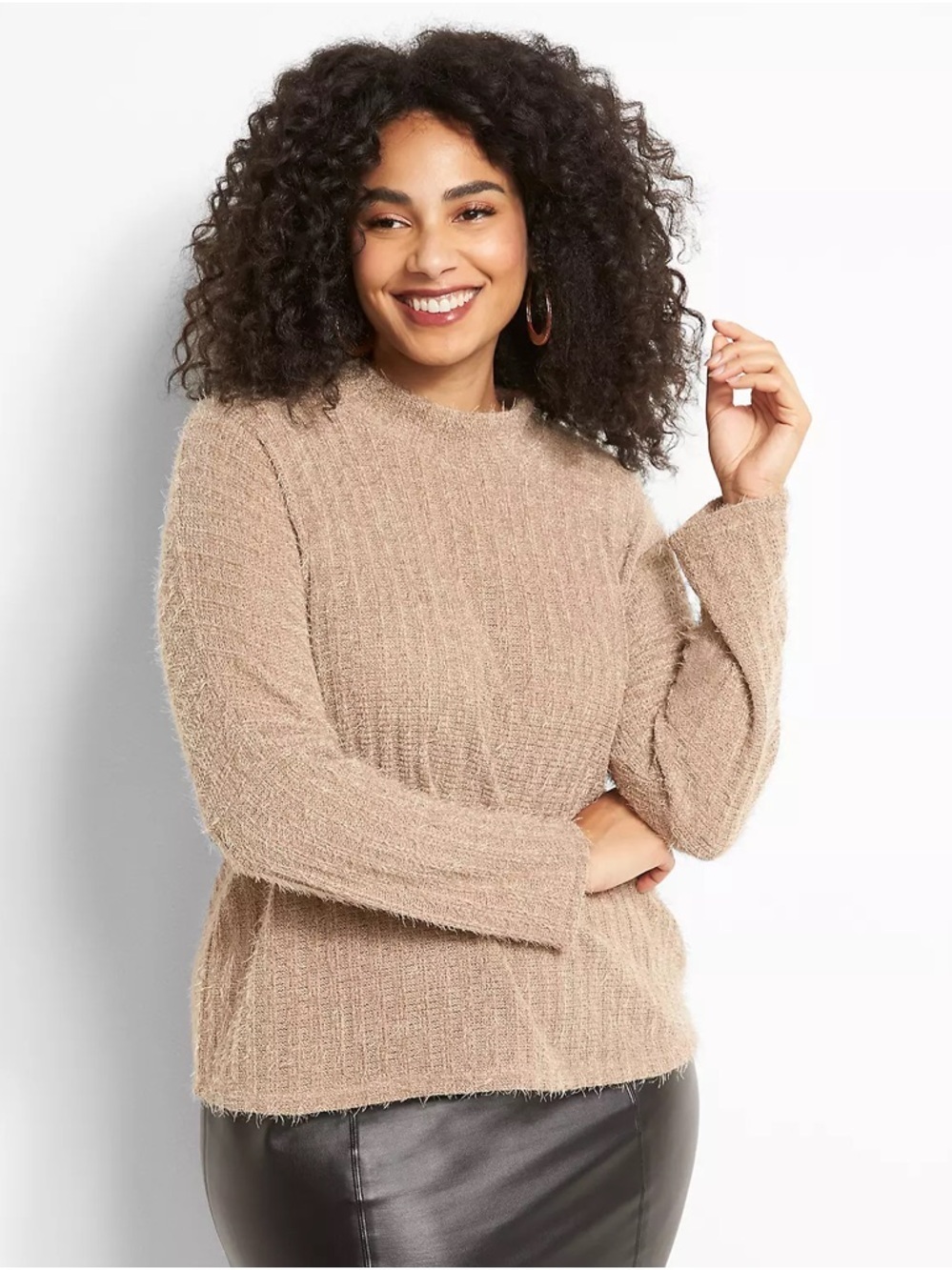 Lane Bryant Fuzzy Ribbed Mock Neck Sweater - Taupe Brown Size 18/20
